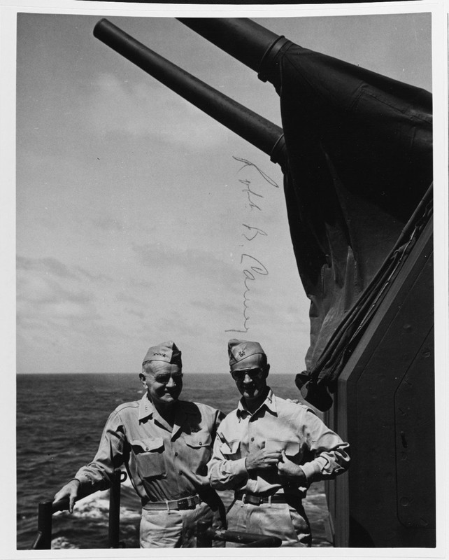 Admiral William "Bull" Halsey and Rear Admiral R.B. Carney on the deck of the USS New Jersey in 1944. New Jersey could often be found at the center of the action throughout the Pacific Theater during World War II. (NHHC)