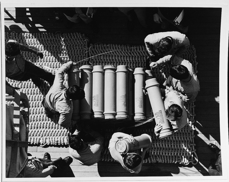 Sailors stowing powder cans for the 5" guns of USS New Jersey's secondary battery, 1968. Unlike her sister Iowa-class battleships, New Jersey served through the Vietnam War. (NHHC)