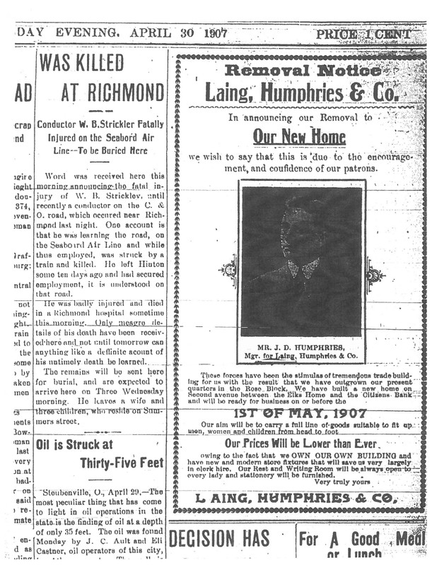 Advertisement promoting the opening of the Laing-Humphries Department Store. April 30, 1907 edition of the Hinton Daily News. 