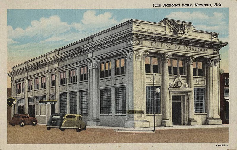 An old colored photo of a bank. 