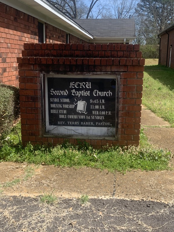 This image shows the sign of the Ecru Second Baptist Church in closer detail.