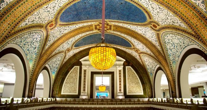 The store's vaulted ceiling, made of the largest Tiffany glass mosaic in the world
