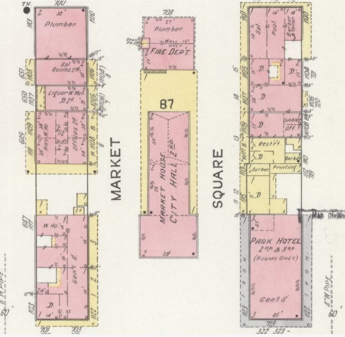 Market Square (center) on 1914 Sanborn map; red = brick, yellow = wood frame construction (p. 9)