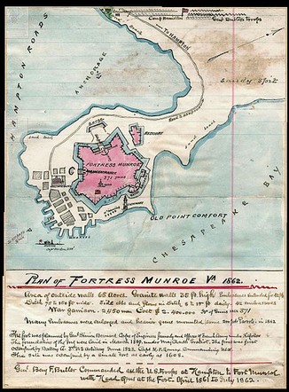 A watercolor map of the fort drawn during the Civil War bearing detailed notes on population and armaments contained within.