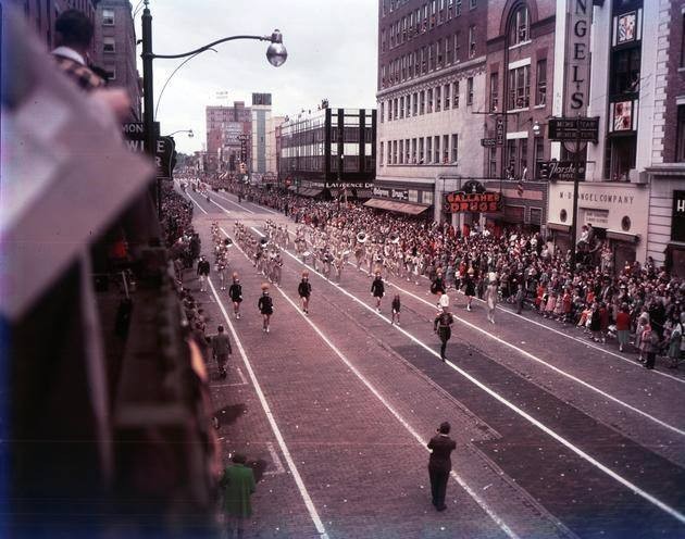 The Tipton sign in the background during a band festival, 1950