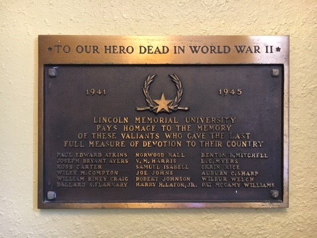 The World War II memorial located within Duke Hall.