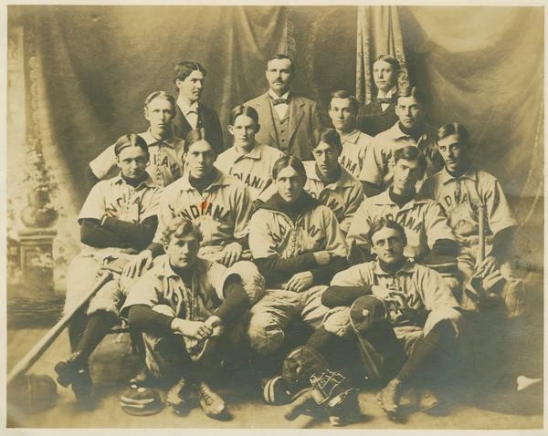 The 1897 Indiana Baseball Team pictured in uniforms with clear influences from older styles while also displaying the new front panel. 