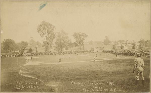 A scene captured from the 1892 Indiana Intercollegiate Athletic Association Baseball Championship played at the Athletic Park on the old Seminary Square Campus. 