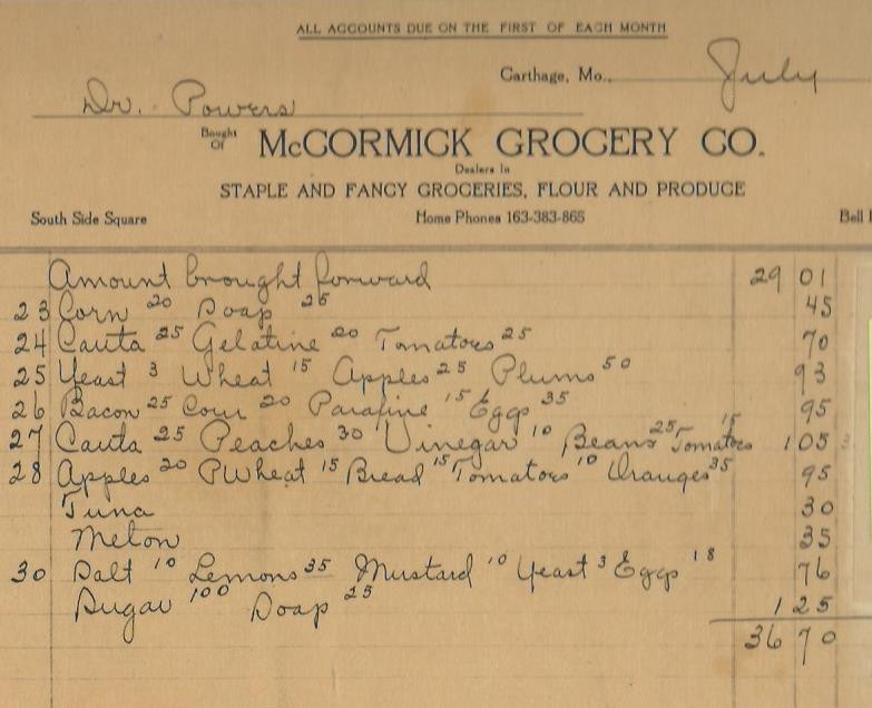 1918 Invoice from McCormick Grocery Company from Powers Museum Archives.