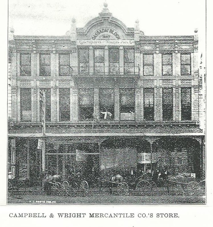 Campbell and Wright Mercantile Company, the largest of the various department store to occupied this site was housed on several floors. Image is c.1900.