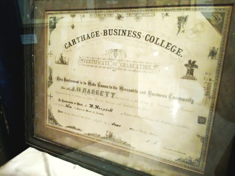 1890 Graduation certificate from Carthage Business College as displayed in the 175th Anniversary of Carthage Exhibit at Powers Museum in 2017. Certificate was awarded to J. H. Barratt by W. Worsdell, Proprietor of the college.