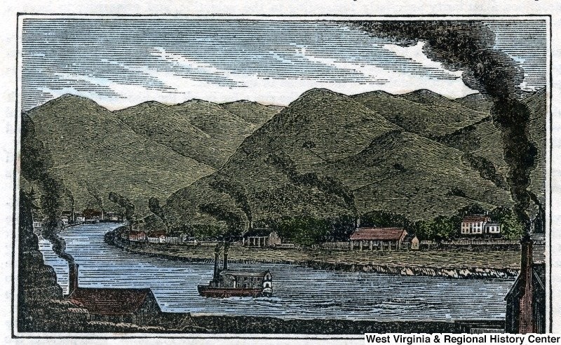 Contemporary engraving  of the salt industry along the Kanawha River in its heyday. West Virginia Regional & History Center. West Virginia & Regional History Center.