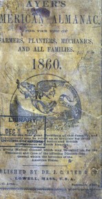 Title page of the 1860 Ayer's Almanac. The angel's banner reads "For the healing of all nations."