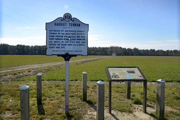 A sign marking the Harriet Tubman Underground Railroad Monument.