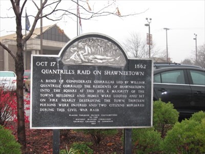 The historical marker remembering Quantrill's raids on Shawnee, mostly mentions the first burning and raid of Shawnee on October 17th, 1862.