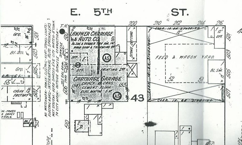 1915 Sanborn Map showing Lanpher Carriage and Auto Company. Note Carthage Garage to south of Lanpher building.