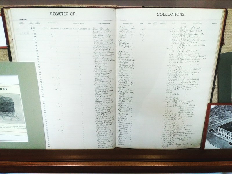 Record of Collections Ledger for Leggett and Platt, 1914 - 1918 on display as part of the 175th Anniversary of Carthage 2017 Exhibit.