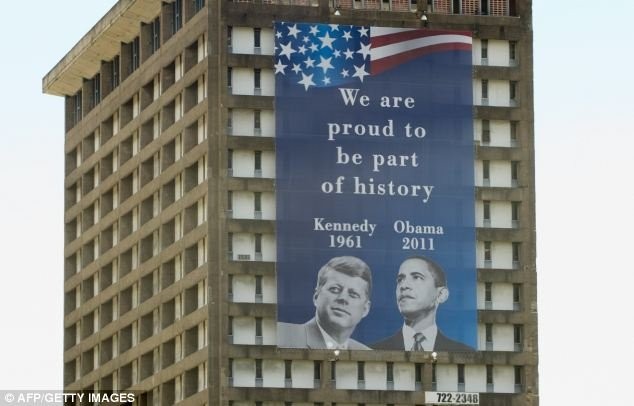 A banner in San Juan, Puerto Rico welcomes President Barack Obama on his visit to the island. His visit was the first in fifty years since the last official presidential visit.