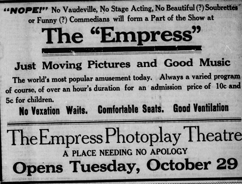 Newspaper Announcement for opening of The Empress, October 1912