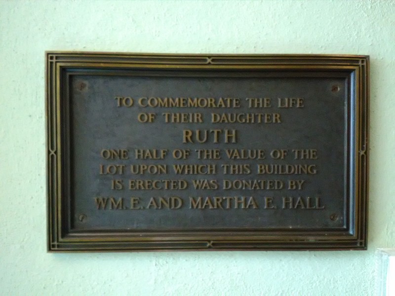 Marker inside the library in the 1905 portion honoring Ruth Hall.