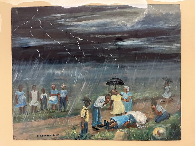 Painting of family and friends grieving over the sudden death of a woman