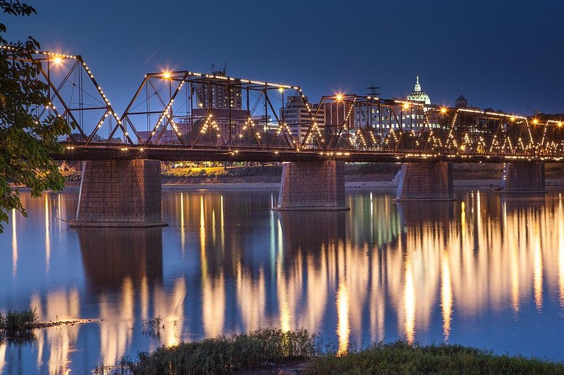 The bridge lit at night.  New LED lights are to be installed in late 2017.