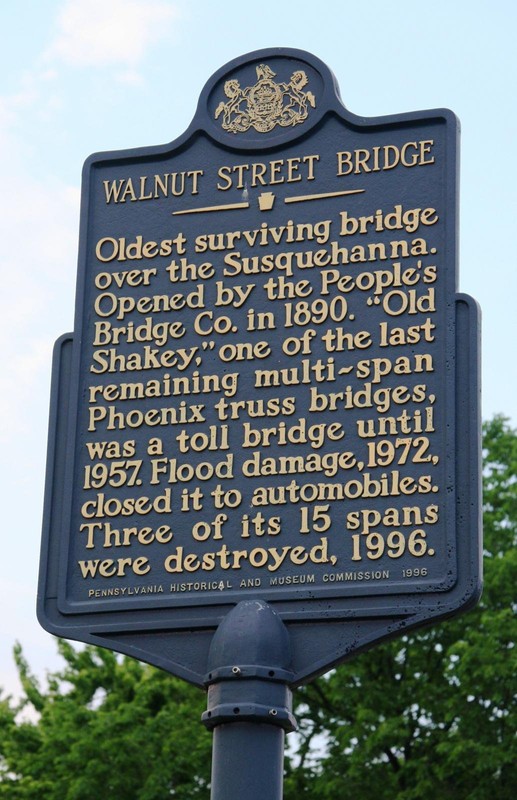 The historical marker that stands near the Walnut Street Bridge.