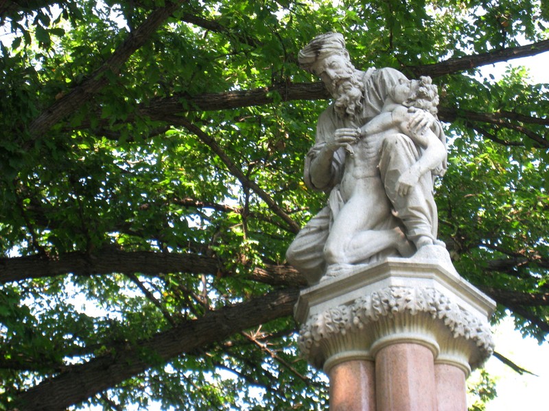 A close up of the Good Samaritan figure which sits on top of the monument. 
(taken by www.stock.photoshelter.com)