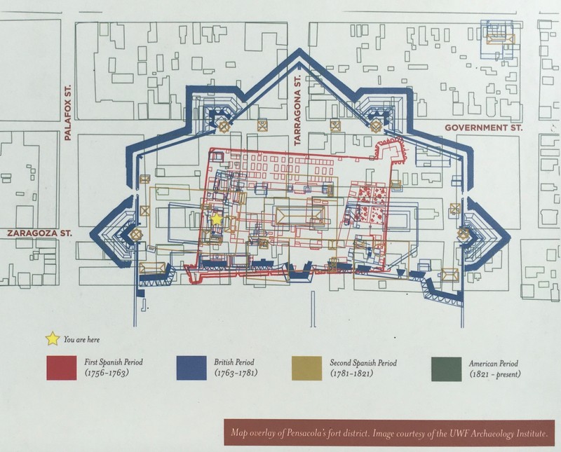 Overlaid maps with “You are here” star. Image credit reads: “Map overlay of Pensacola’s fort district. Image courtesy of the UWF Archaeology Institute.”