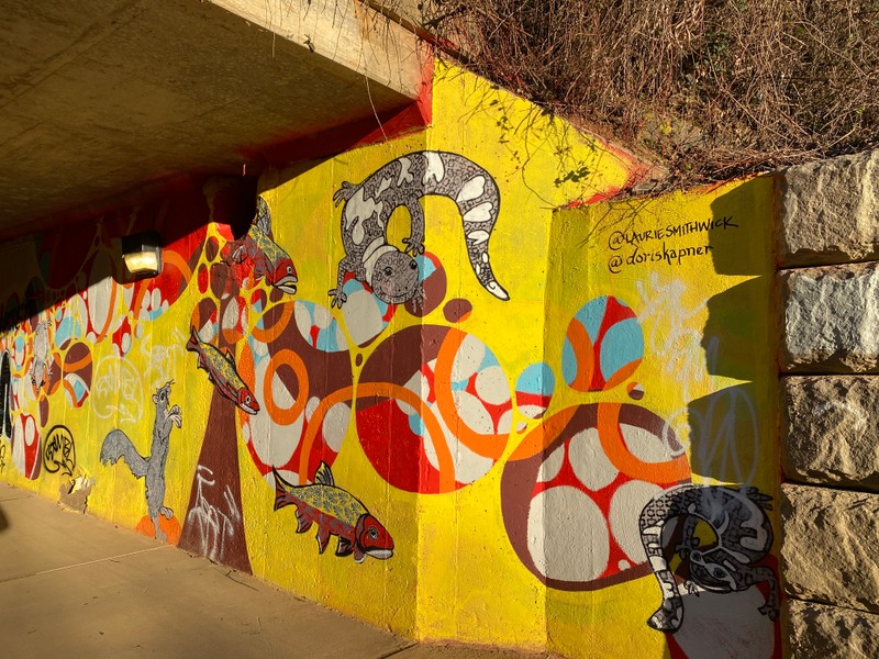 Bright abstract circle shapes of red, orange, blue and white flow across the wall of the pedestrian tunnel with large, oversized animals.  