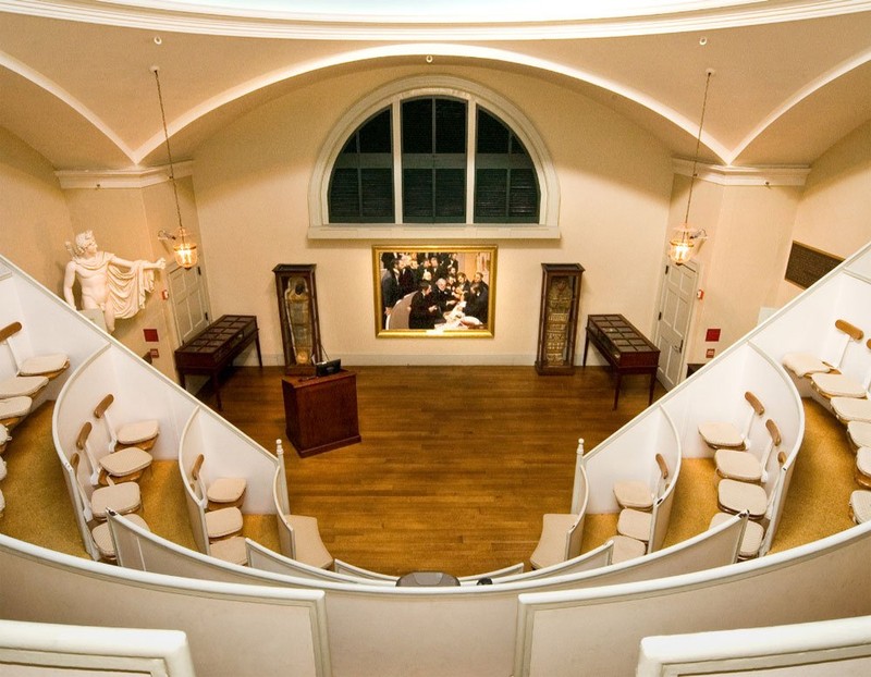 The inside of the Ether Dome includes seating for audiences and students, the mummy Padihershef on display, and an oil painting depicting the surgery commissioned by Massachusetts General Hospital in 2000.