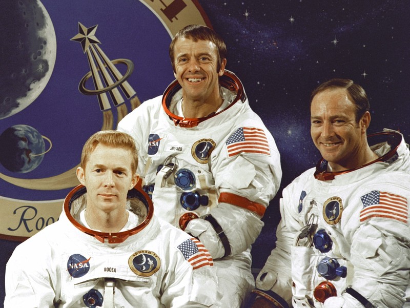 Crew of Apollo 14 from left to right: Command Module Pilot Stuart A. Roosa, Commander Alan B. Shepard, Jr., and Lunar Module Pilot Edgar D. Mitchell