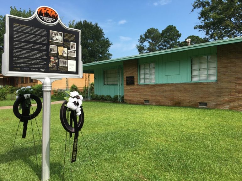 The plaque outside designates the Medgar and Myrlie Evers Home as part of the Mississippi Freedom Trail. 