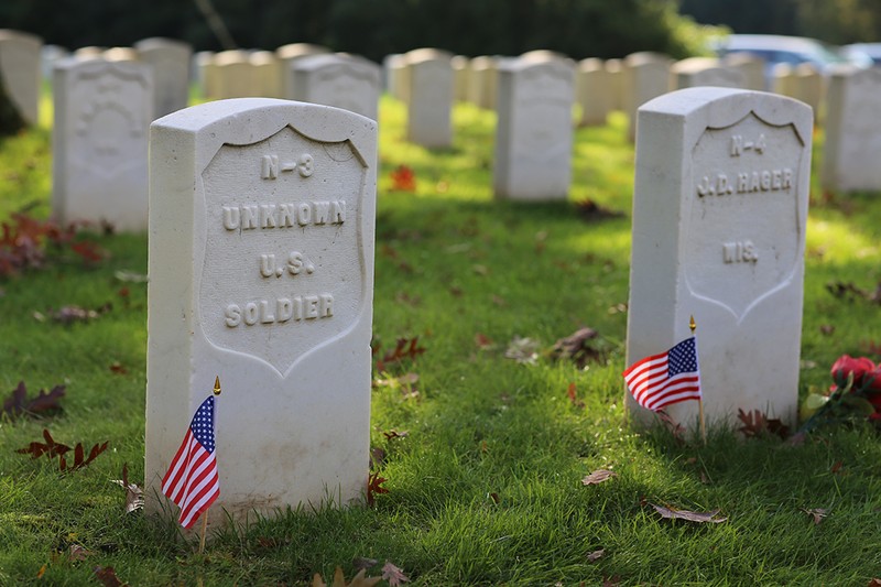 Graves of an unknown United States solider and J.D. Hager, buried at Union Rest. Forest Hill Cemetery, Madison, Wisconsin. 