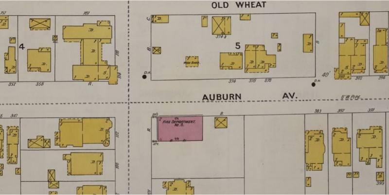 1899 Sanborn Fire Insurance Map showing Fire Station No. 6 (brick, red) surrounded by wood frame (yellow) buildings (p. 45)