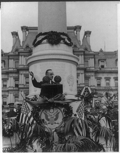 President Calvin Coolidge addresses the crowds at the First Division Monument's dedication on October 4, 1924. Courtesy of the Library of Congress (public domain).