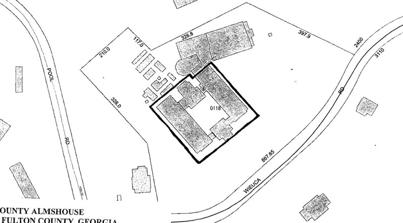 Outline of footprint of Fulton Co. Almshouse bldg. from NRHP nomination (Messick 2013)