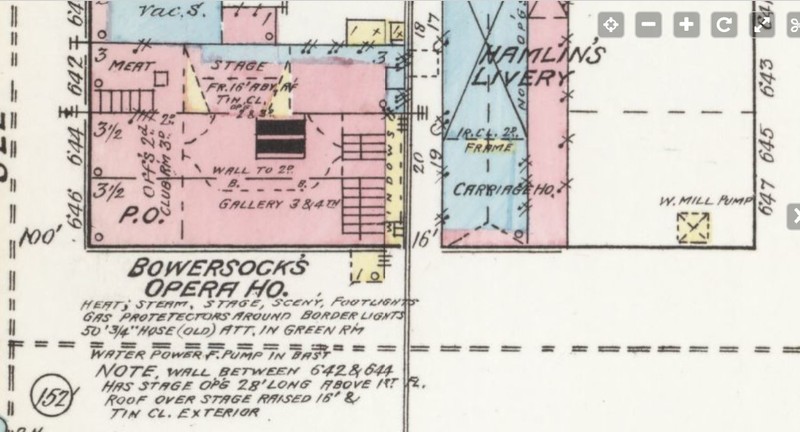 "Bowersock's Opera House" at corner Massachusetts and "Winthrop" Streets in 1889 (Sanborn Map Company p. 3)