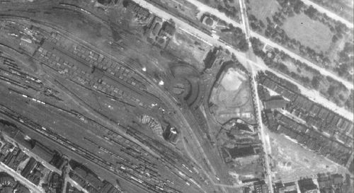 A 1940s aerial view of Penmar Park. Note the PRR 37th Street yards and their close proximity to the field