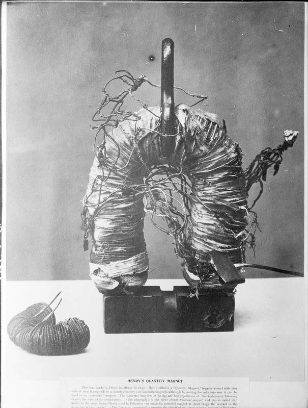 Joseph Henry's electromagnet, created by wrapping an iron bar in insulating conductive wire. Courtesy of the Smithsonian Institution Archives. 