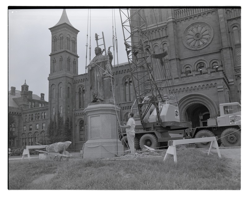 In 1965, the Joseph Henry statue was turned outward, so that he symbolically faced the Smithsonian museums that followed in his footsteps. Courtesy of the Smithsonian Institution Archives. 