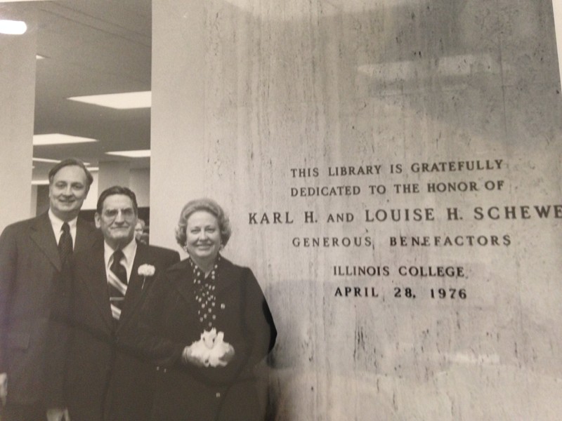 This picture shows President Sturtevant, Karl and Louise H. Schewe on the dedication day of the Schewe Library.