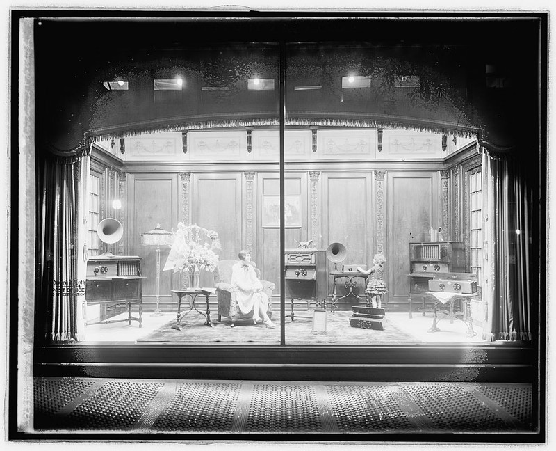 An elaborate window display at Woodies advertising a radio company. Photo circa 1918-1928, courtesy of the Library of Congress. 