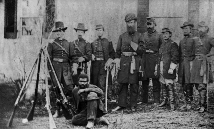 A group of Civil War soldiers gathers at Bolivar Heights.