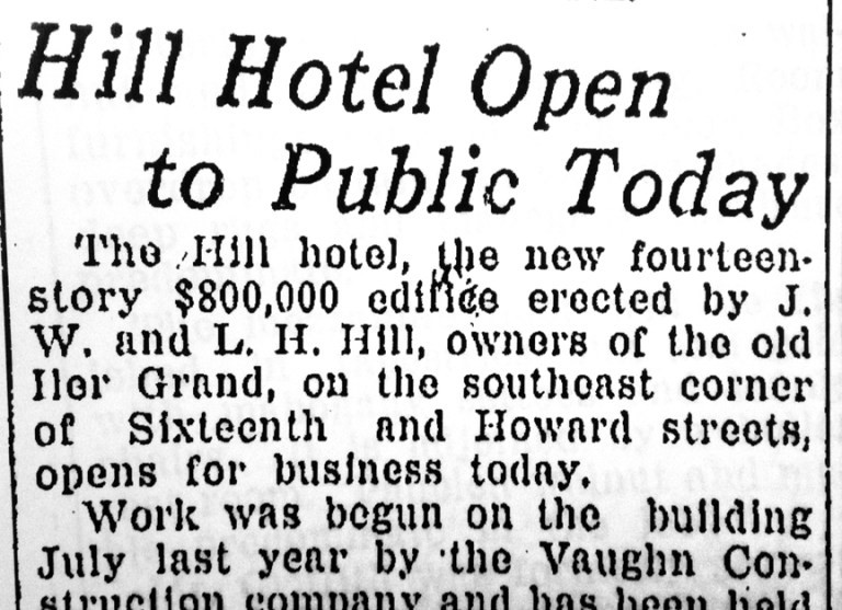 Newspaper clipping from the Omaha World Herald on the opening day of the Hill Hotel. 