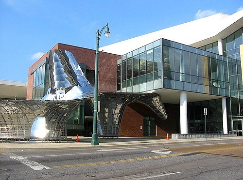 The Cannon Center for Performing Arts, complete with chrome statue designed by Vito Acconci, now stands where the Ellis Auditorium used to.