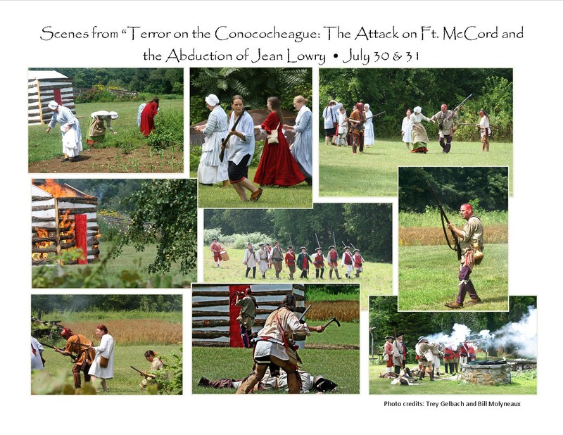 Re-enactment of the capture of Jean Lowry and her children. A true "Captive Narrative" documented in Jean Lowry's diary. Re-enactments are often part of the events held at the Conococheague Settlement.