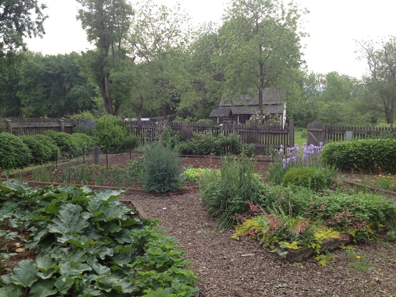 German four square garden with Negley Log House in the background. This demonstration garden includes fruit, vegetables, herbs and ornamental flowers. The site also boasts several old variety apple trees. 