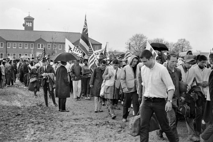 Marchers at City of St. Jude got some much needed rest and recieved medical attention for wounds that they had recieved throughout the long march from Selma.  In addition to this they sang and danced to the Stars of Freedom Rally