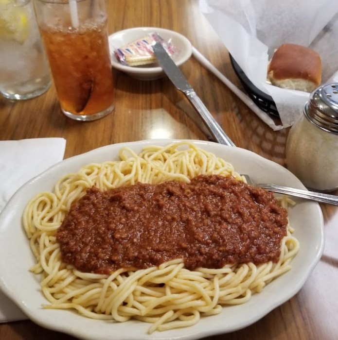 Jim's signature spaghetti with meat sauce